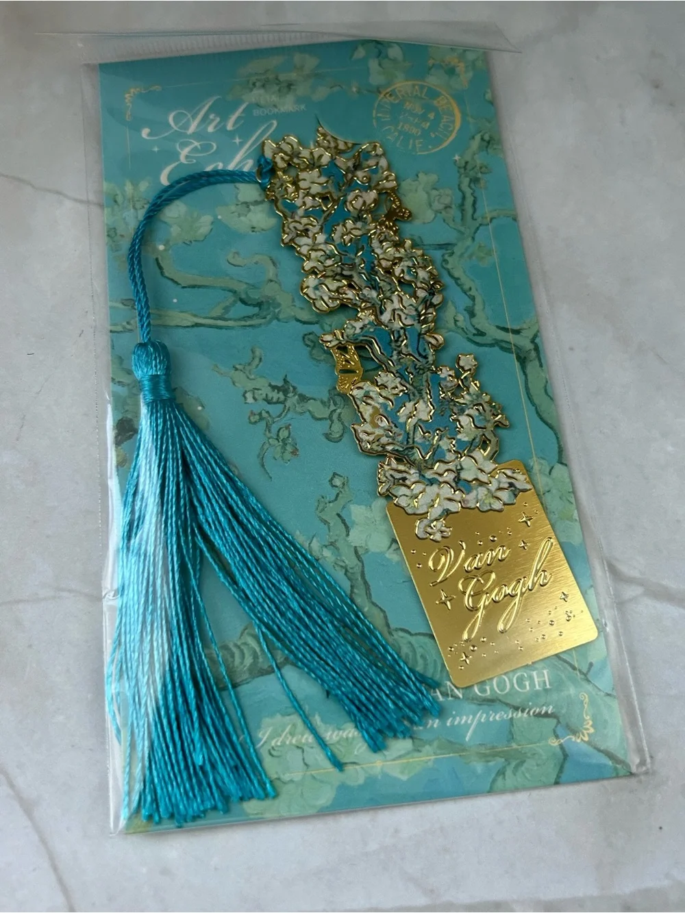 Van Gogh Floral Gold Bookmark with Turquoise Tassel
